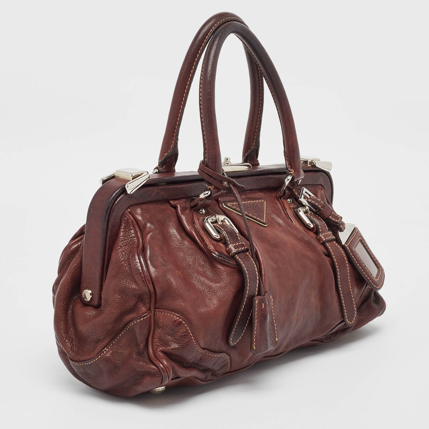 PRADA Dark Brown Leather Frame Satchel