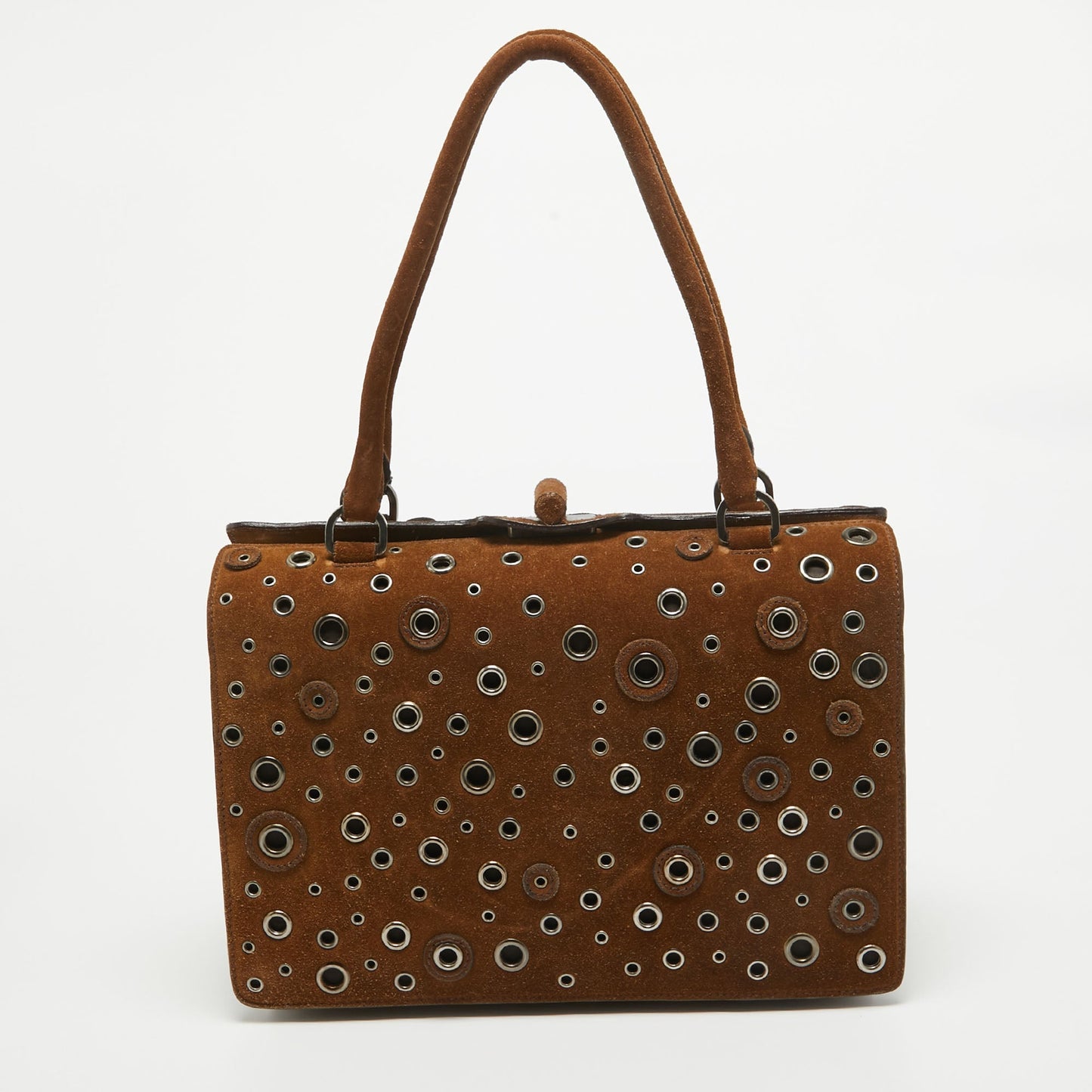 PRADA Brown Suede Grommet Frame Satchel