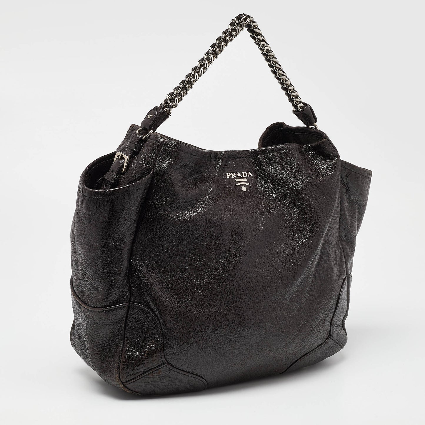 PRADA Brown Cervo Leather Chain Hobo