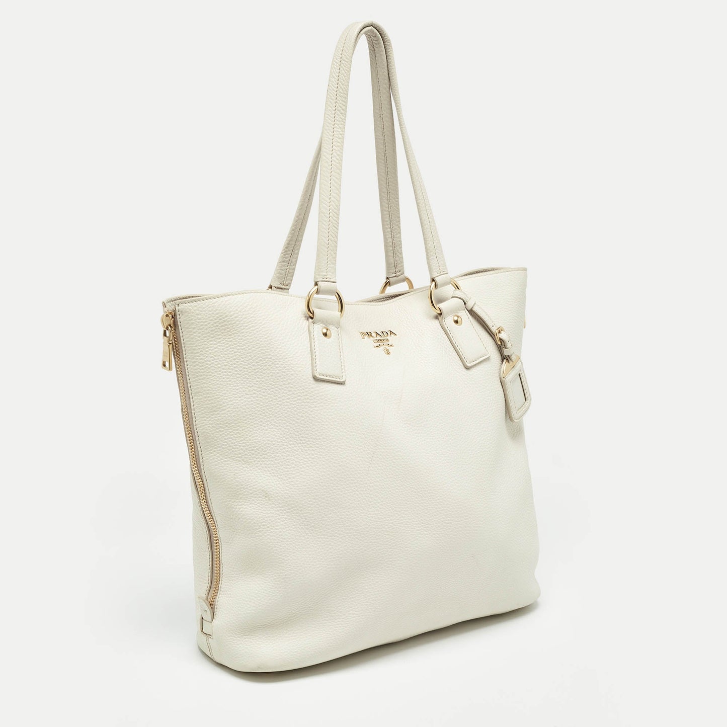 PRADA White Vitello Daino Leather Side Zip Tote