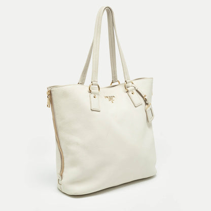 PRADA White Vitello Daino Leather Side Zip Tote