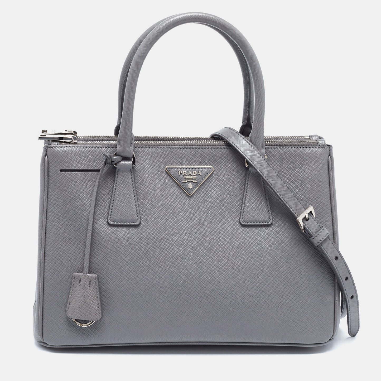 PRADA Grey Saffiano Leather Small Double Zip Tote