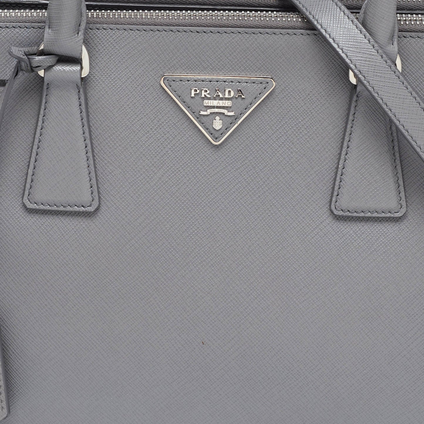 PRADA Grey Saffiano Leather Small Double Zip Tote