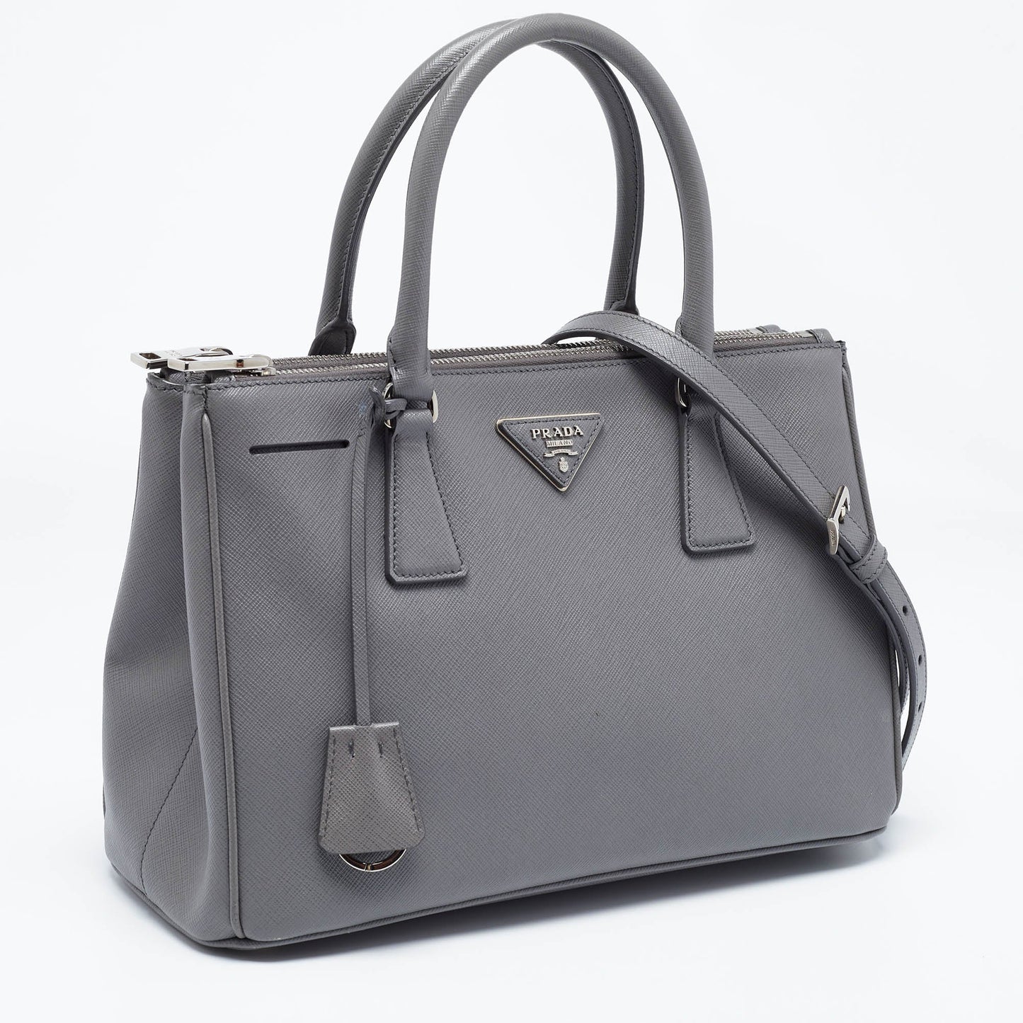 PRADA Grey Saffiano Leather Small Double Zip Tote