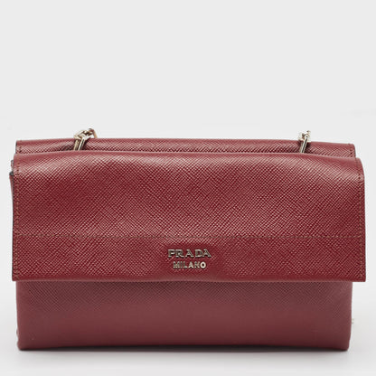 PRADA Dark Red Saffiano Cuir Leather Double Shoulder Bag