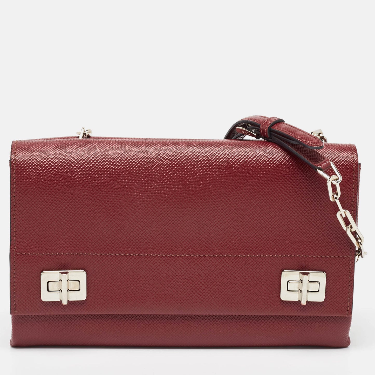 PRADA Dark Red Saffiano Cuir Leather Double Shoulder Bag