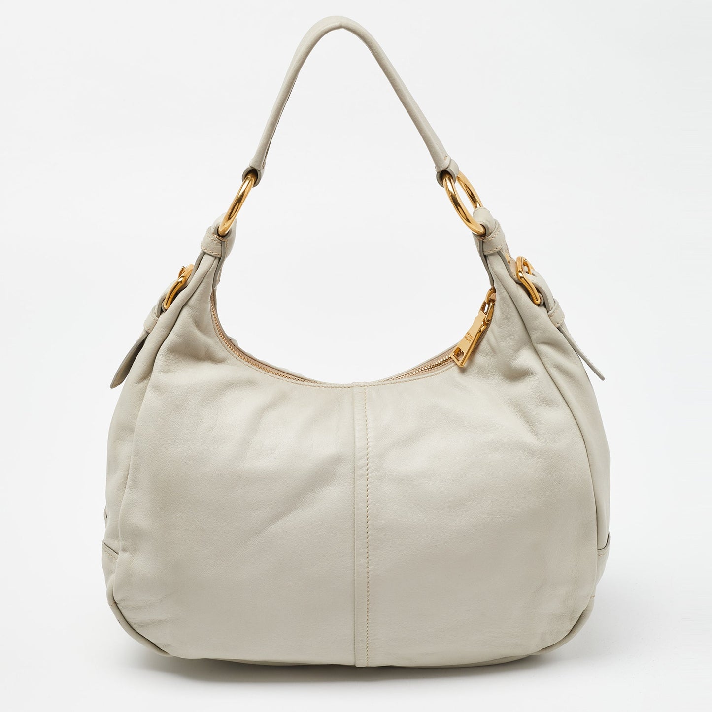 PRADA Off White Vitello Daino Leather Zip Hobo