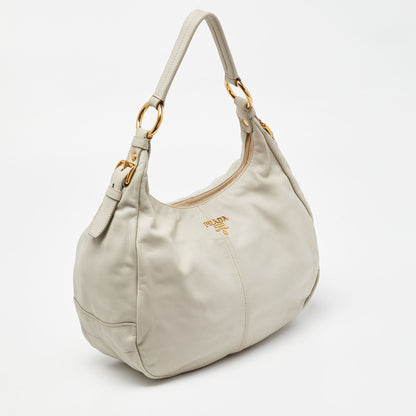 PRADA Off White Vitello Daino Leather Zip Hobo