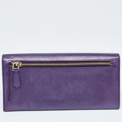 PRADA Purple Saffiano Leather Logo Flap Continental Wallet