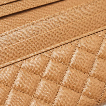 PRADA Brown Quilted Saffiano Metal Leather Logo Flap Wallet