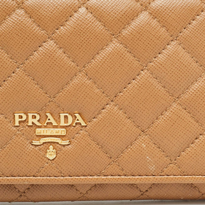 PRADA Brown Quilted Saffiano Metal Leather Logo Flap Wallet