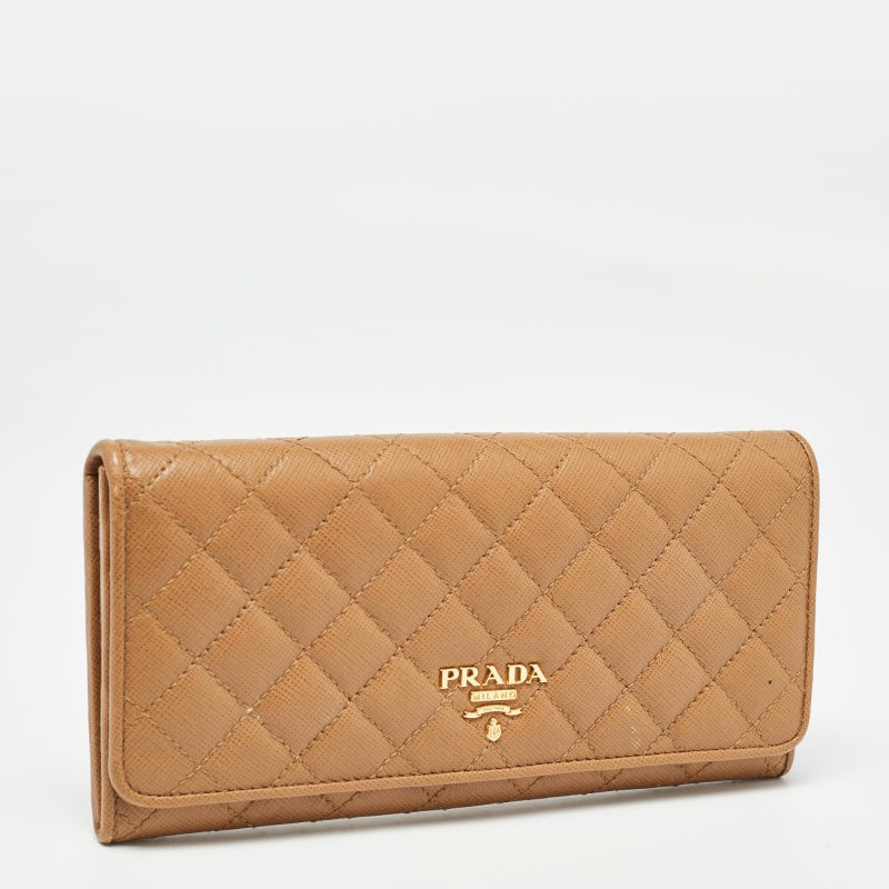 PRADA Brown Quilted Saffiano Metal Leather Logo Flap Wallet