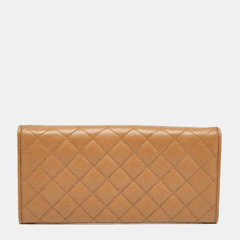 PRADA Brown Quilted Saffiano Metal Leather Logo Flap Wallet