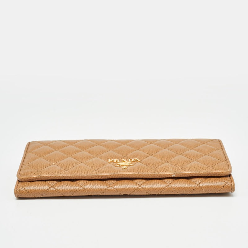 PRADA Brown Quilted Saffiano Metal Leather Logo Flap Wallet