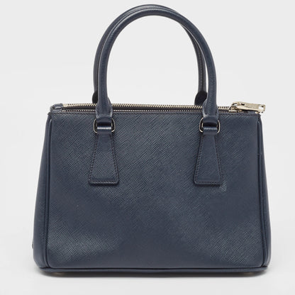 PRADA Navy Blue Saffiano Lux Leather Small Galleria Double Zip Tote