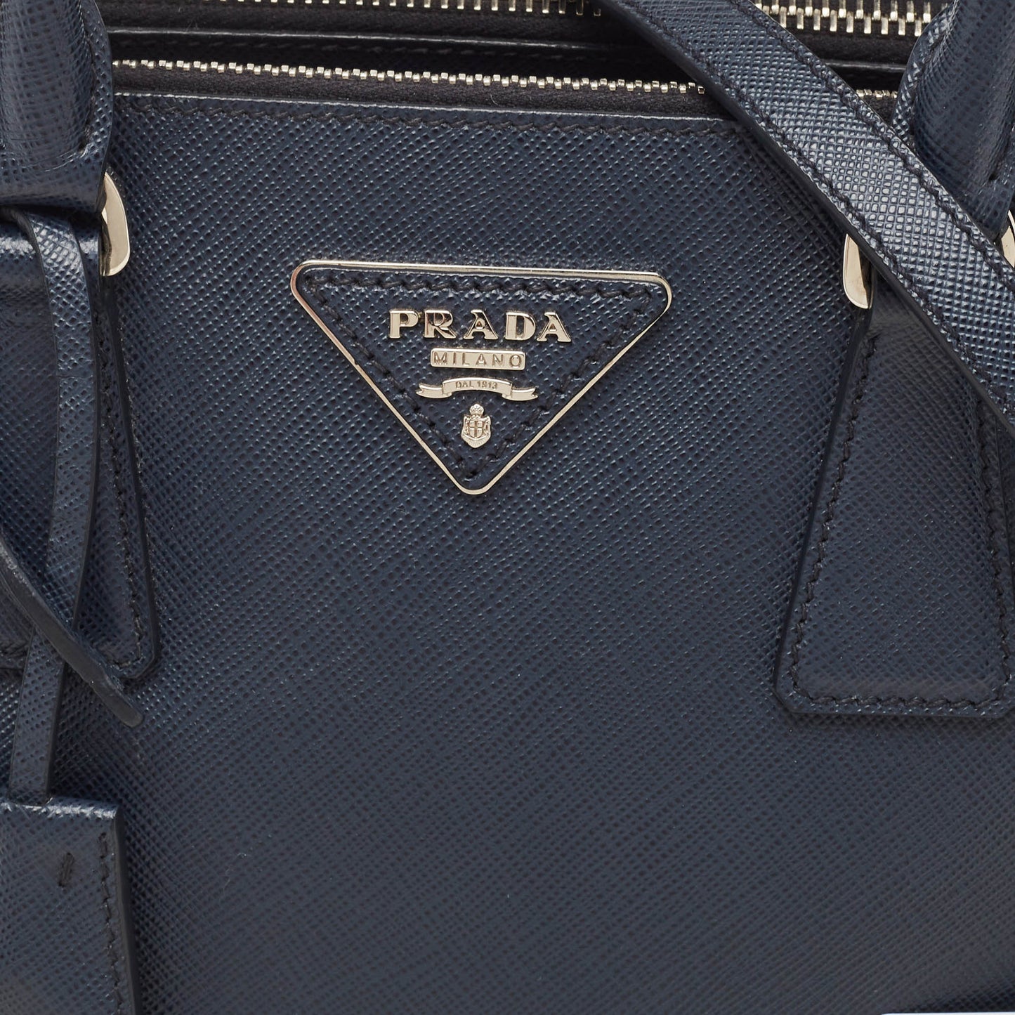 PRADA Navy Blue Saffiano Lux Leather Small Galleria Double Zip Tote