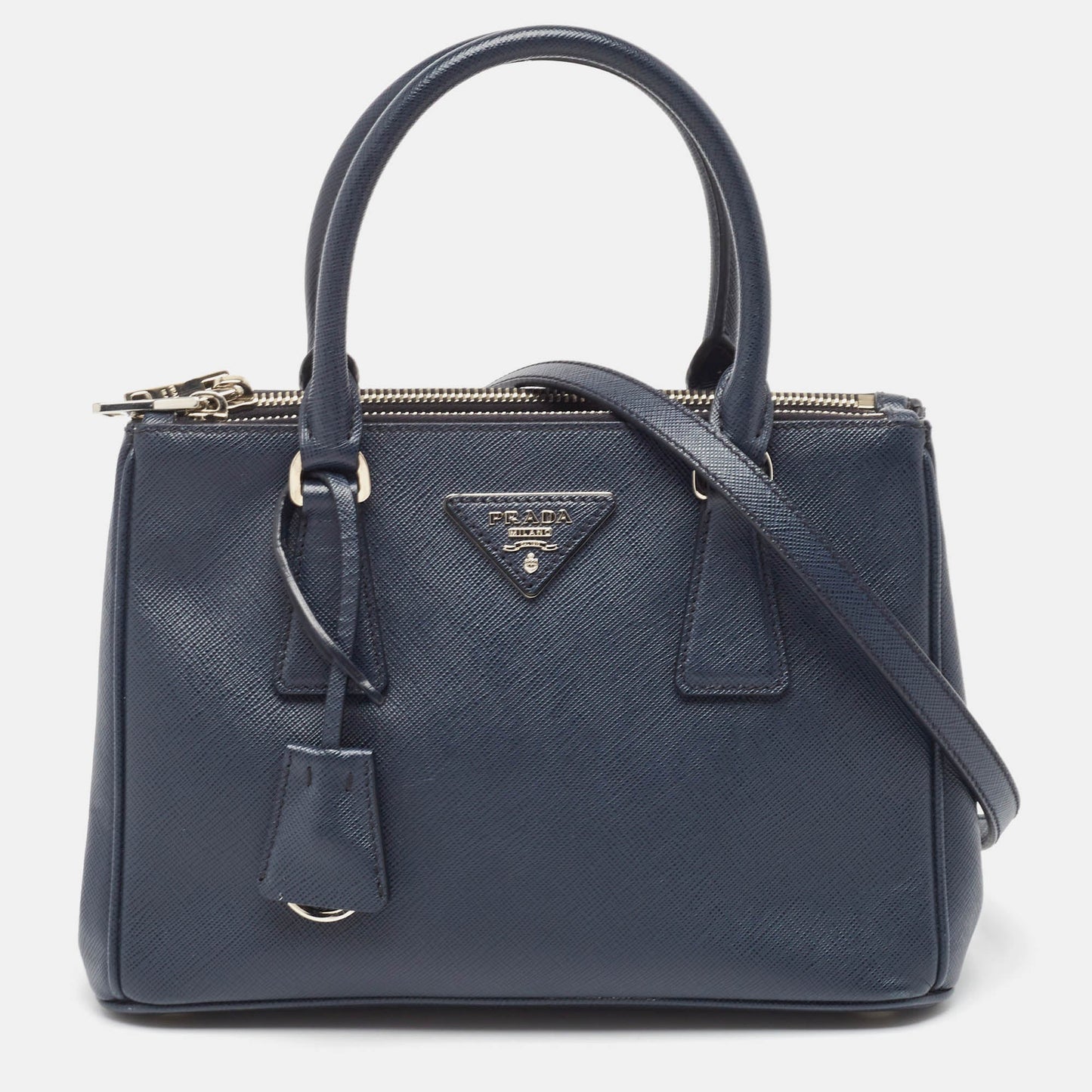 PRADA Navy Blue Saffiano Lux Leather Small Galleria Double Zip Tote