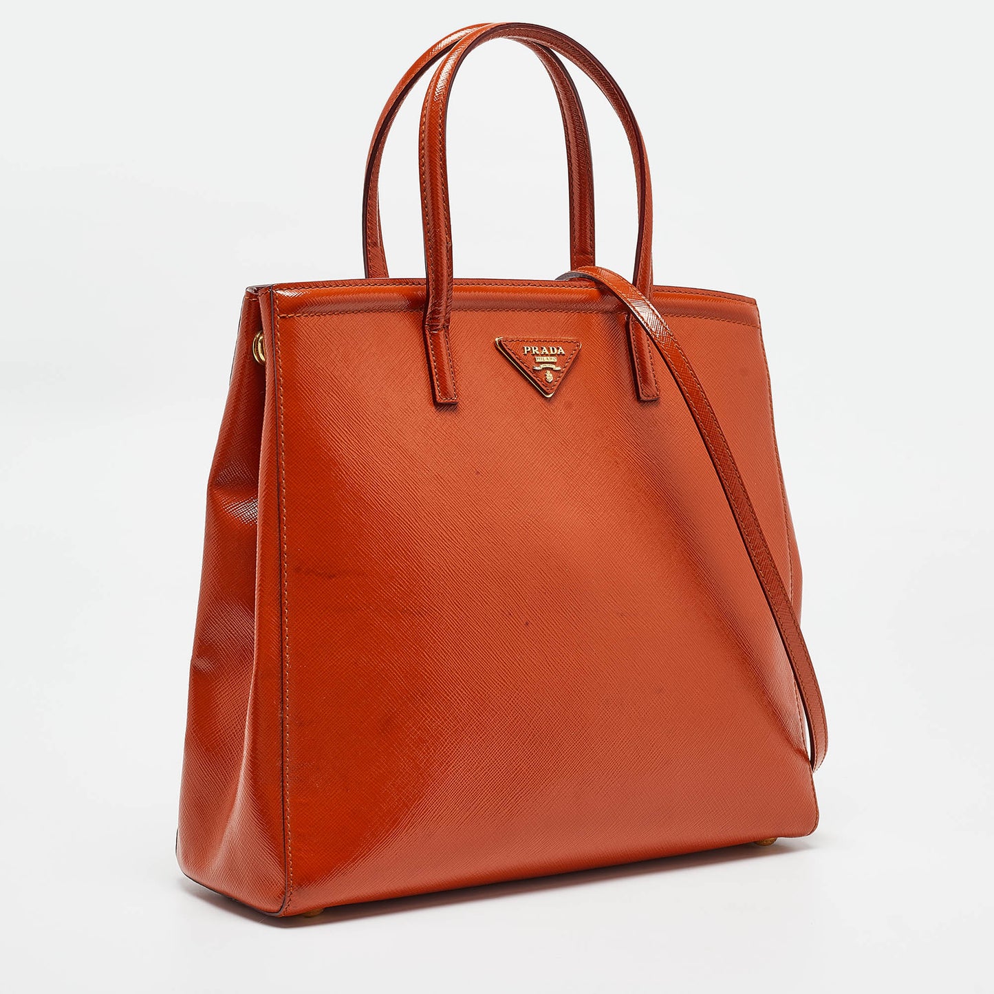 PRADA Orange Saffiano Vernice Leather Parabole Tote