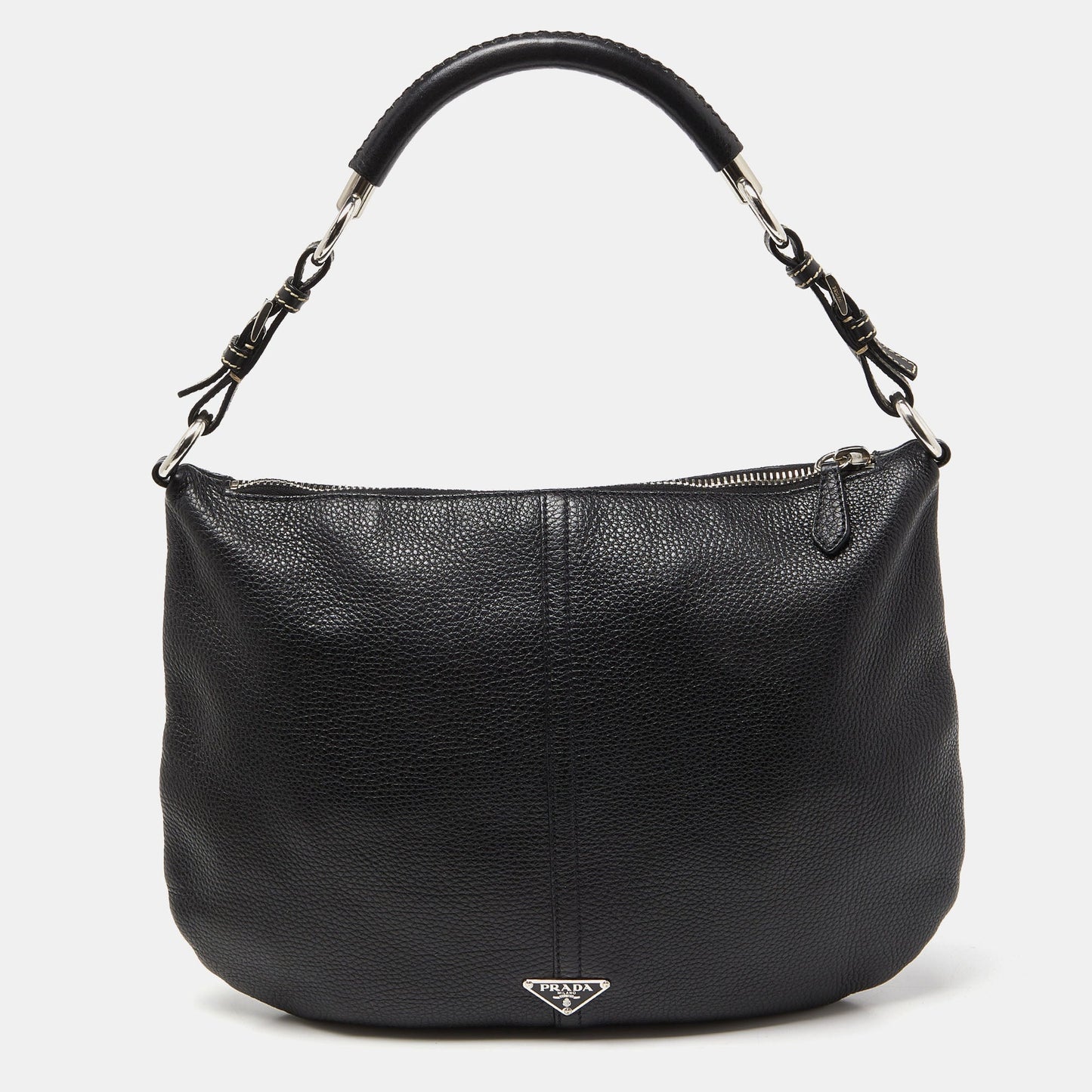 PRADA Black Leather Logo Hobo