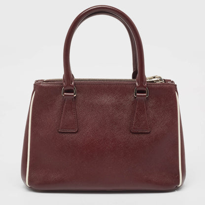 PRADA Burgundy Saffiano Lux Leather Small Galleria Double Zip Tote