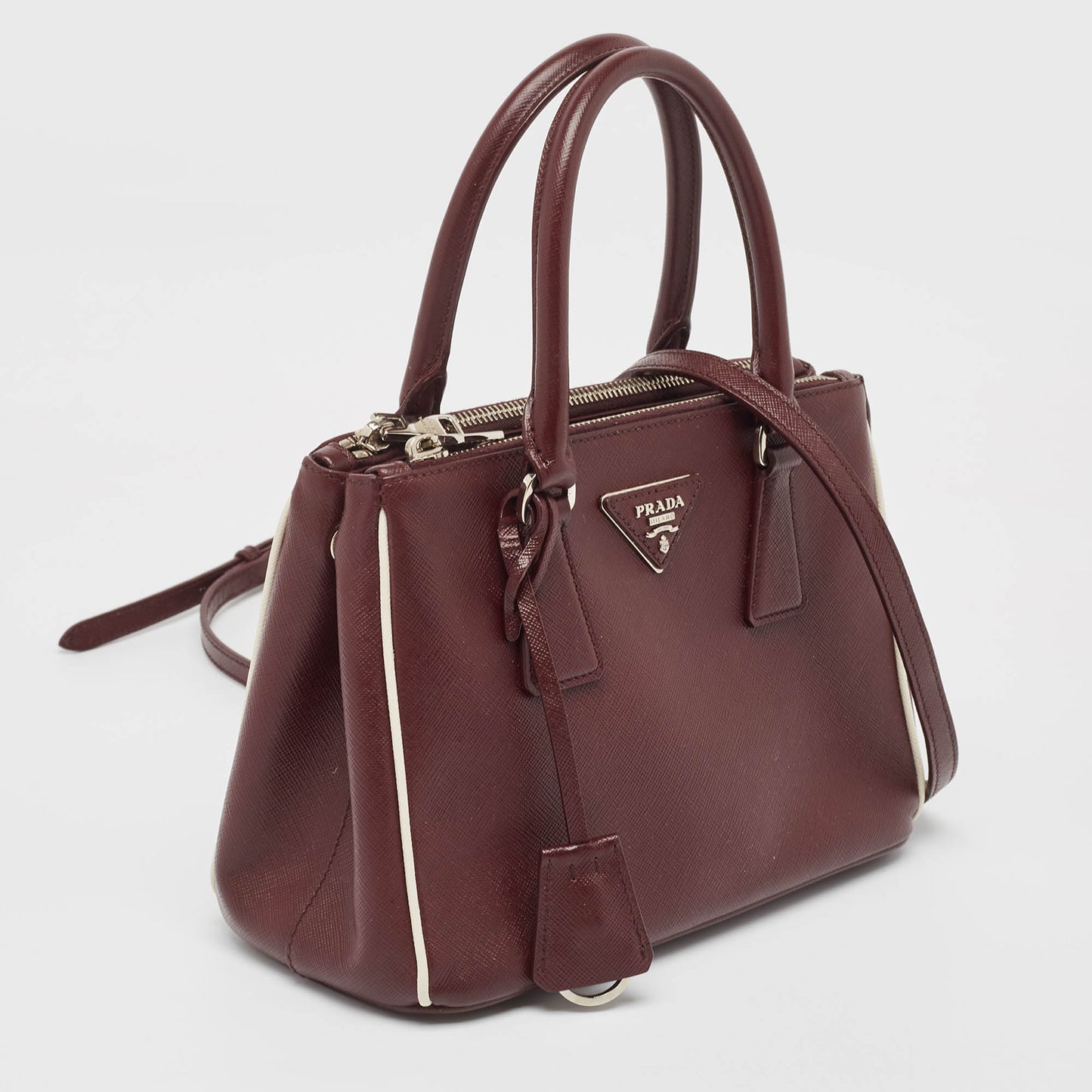 PRADA Burgundy Saffiano Lux Leather Small Galleria Double Zip Tote