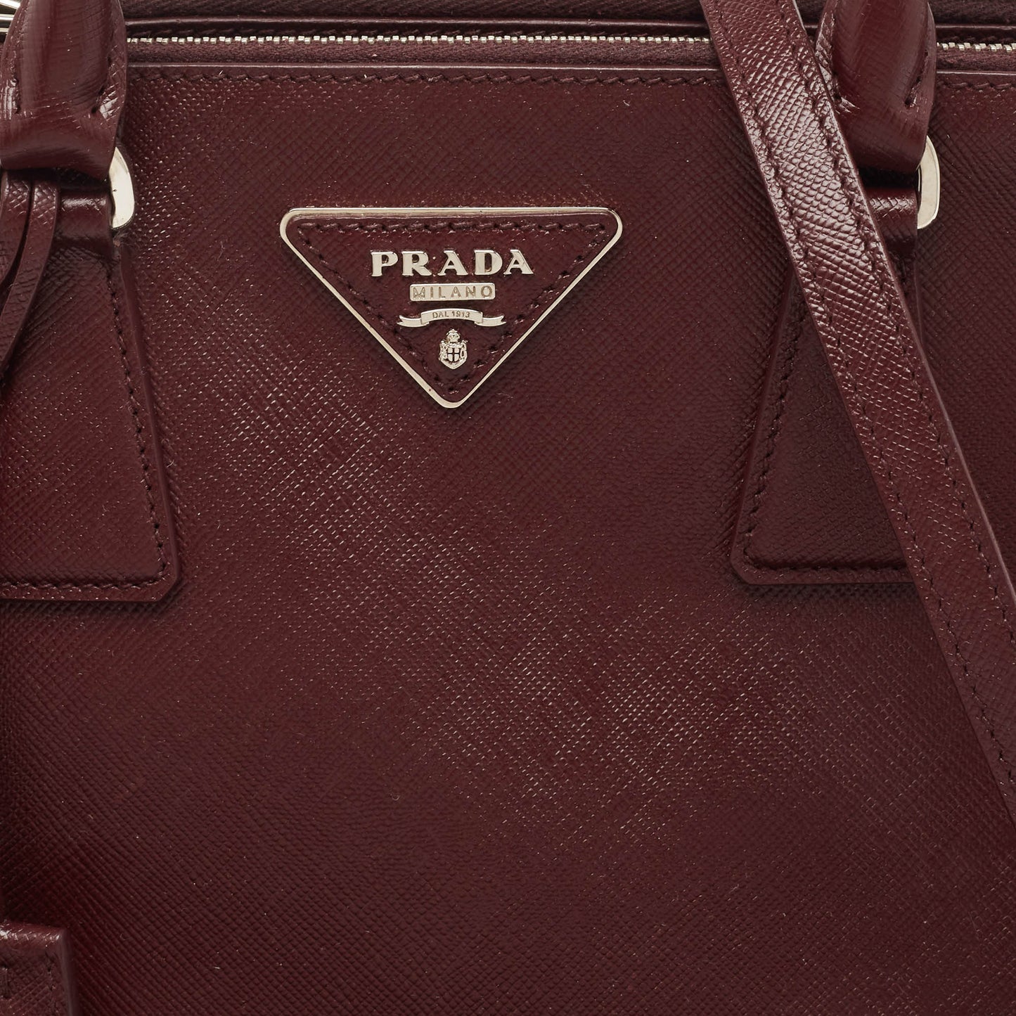 PRADA Burgundy Saffiano Lux Leather Small Galleria Double Zip Tote