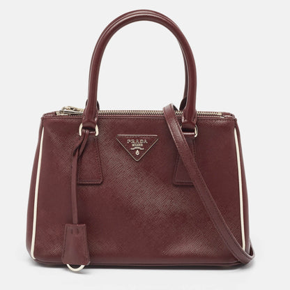 PRADA Burgundy Saffiano Lux Leather Small Galleria Double Zip Tote