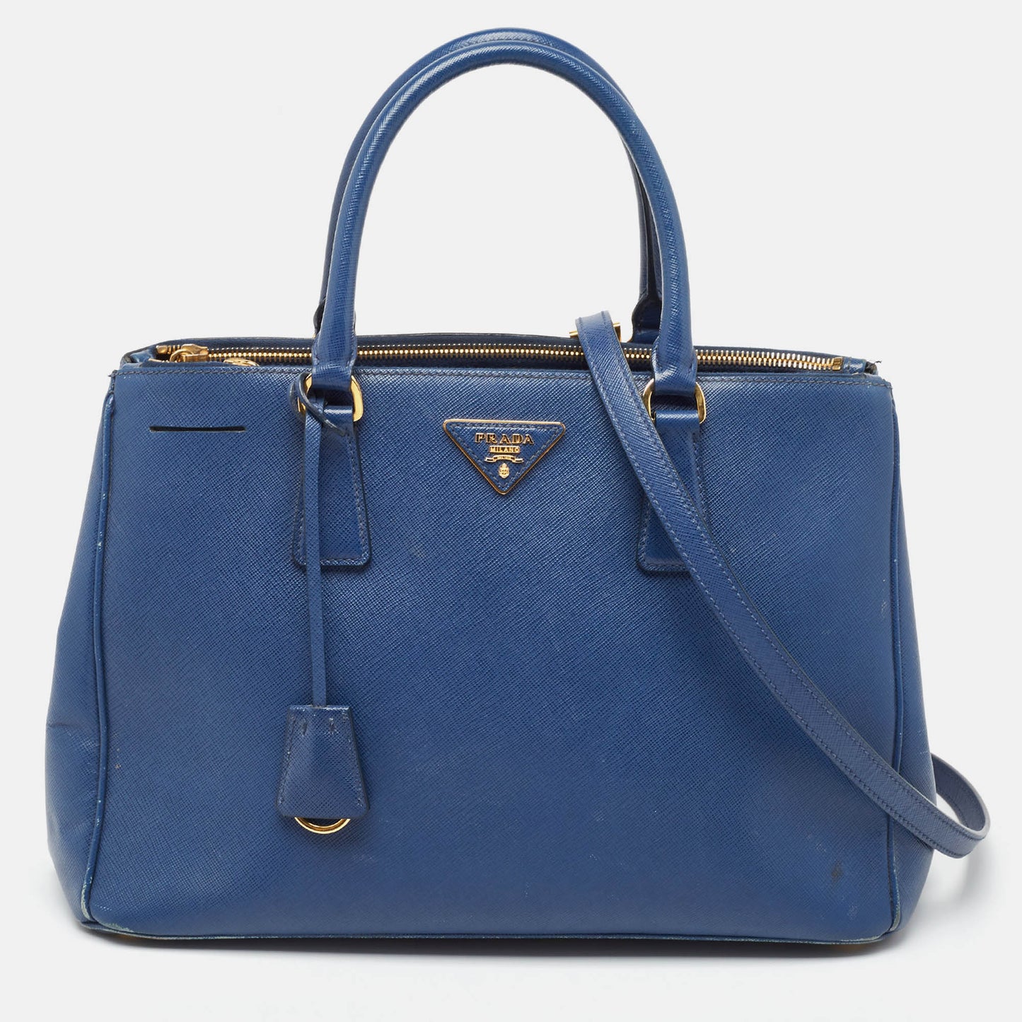 PRADA Blue Saffiano Lux Leather Medium Double Zip Tote