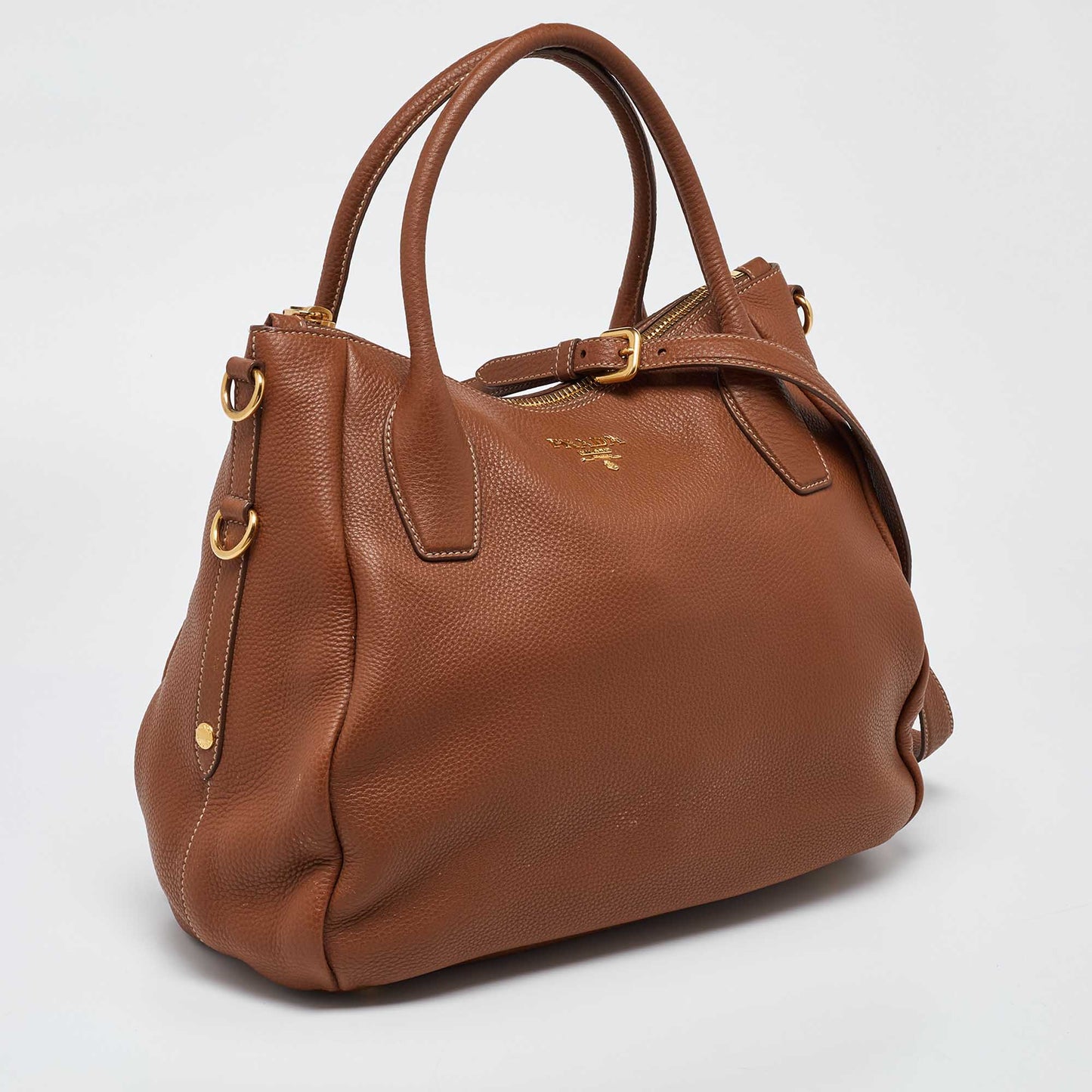 PRADA Brown Vitello Daino Leather Sacca 2 Manici Tote