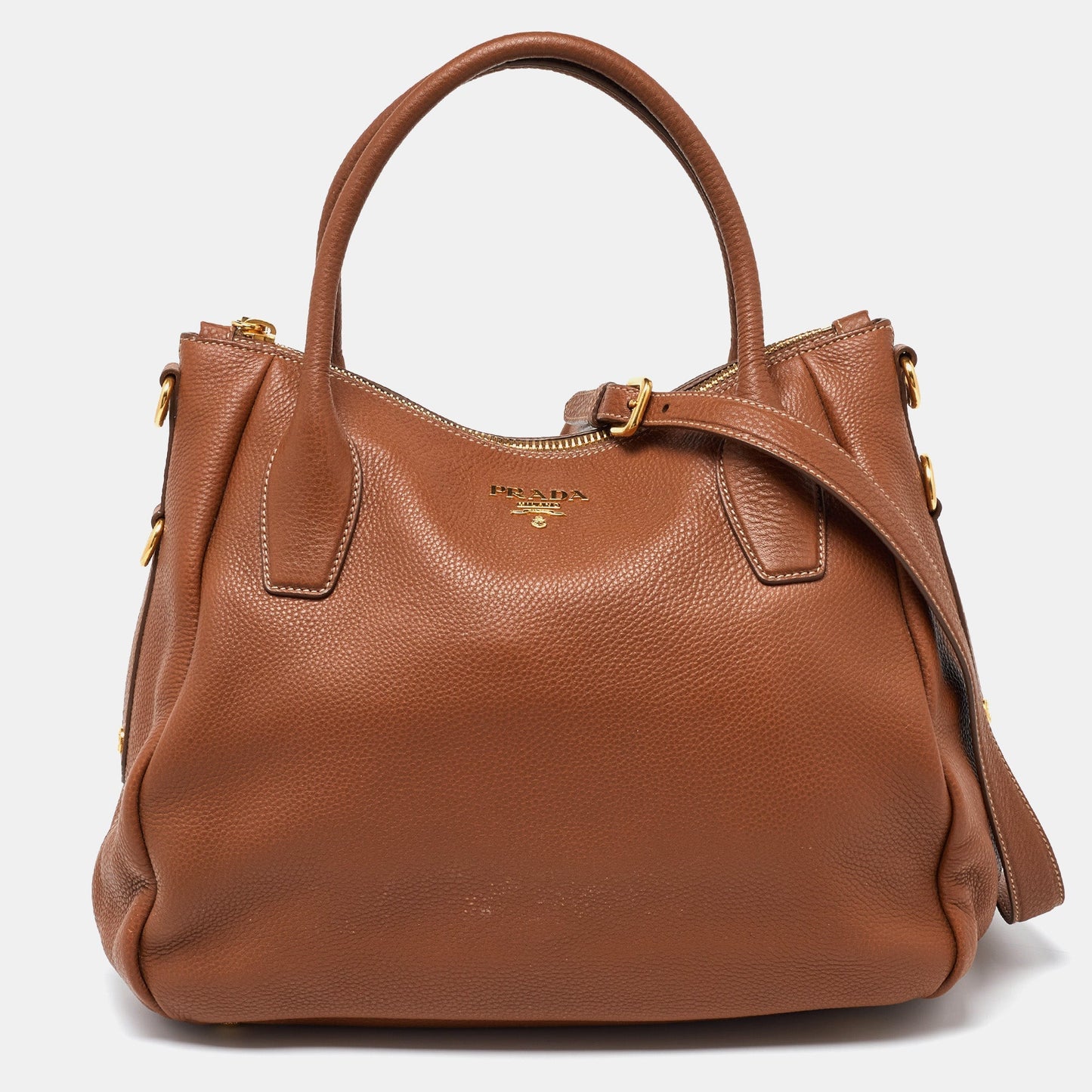 PRADA Brown Vitello Daino Leather Sacca 2 Manici Tote