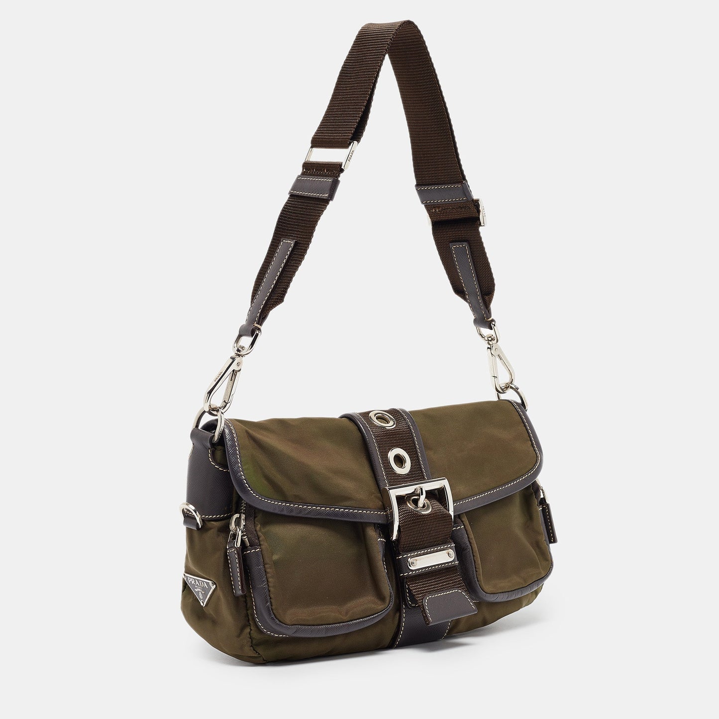 PRADA Olive Green Tessuto and Leather Buckle Flap Shoulder Bag