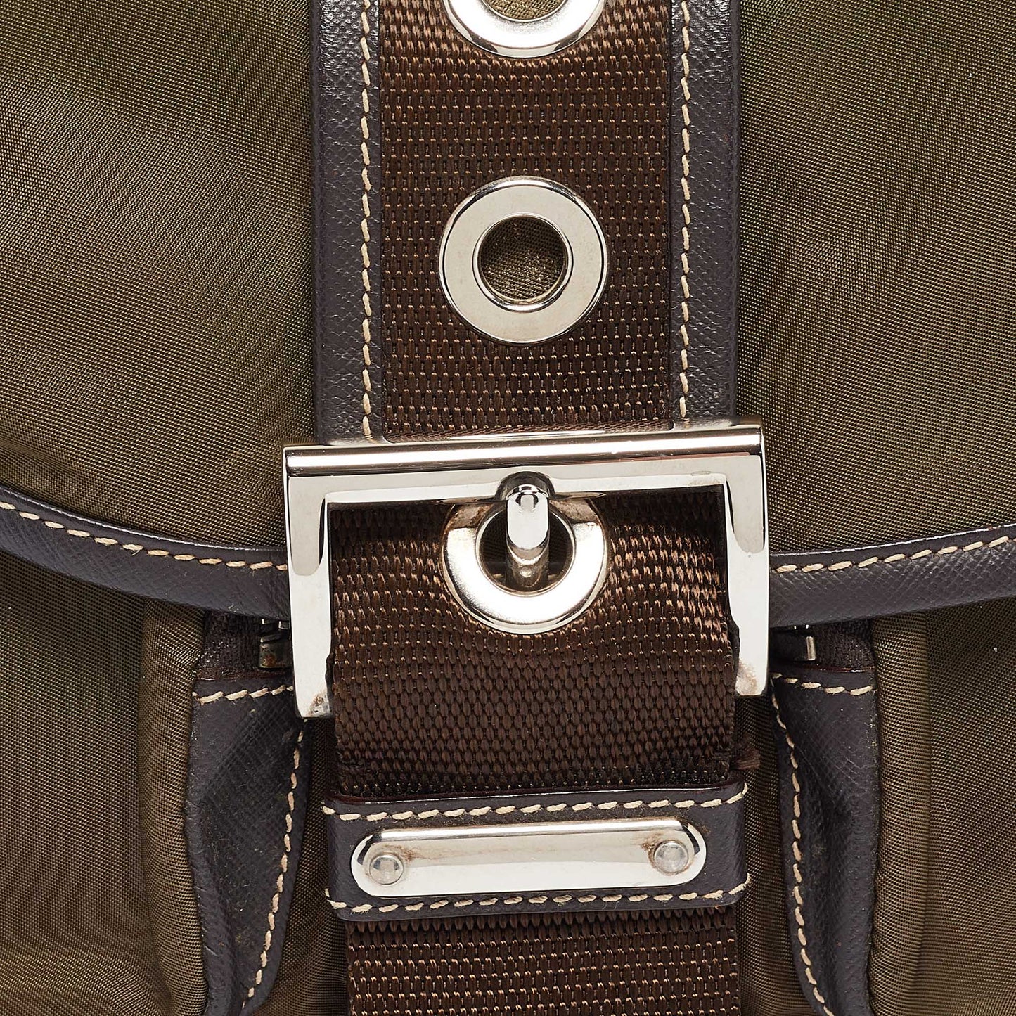 PRADA Olive Green Tessuto and Leather Buckle Flap Shoulder Bag