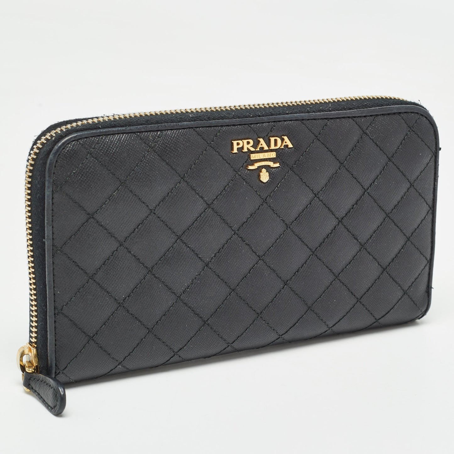 PRADA Black Quilted Saffiano Leather Zip Around Wallet