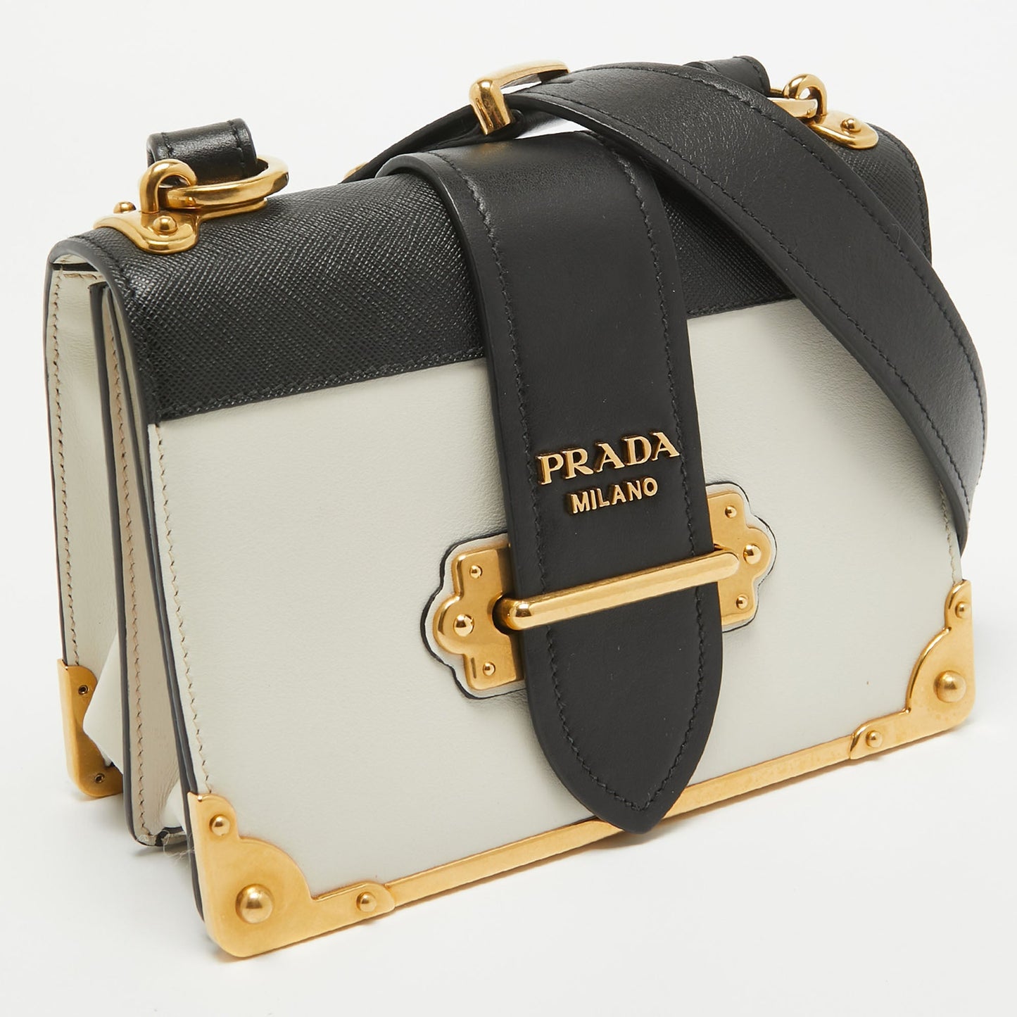 PRADA Black/White Saffiano Leather Cahier Flap Shoulder Bag