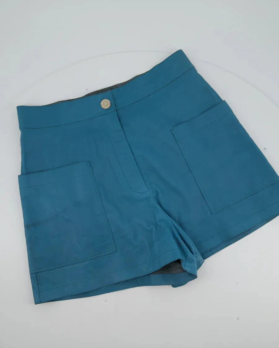 CHANEL TEAL LEATHER HIGH WAIST SHORTS WITH POCKET DETAILING FR 38 (UK 10)