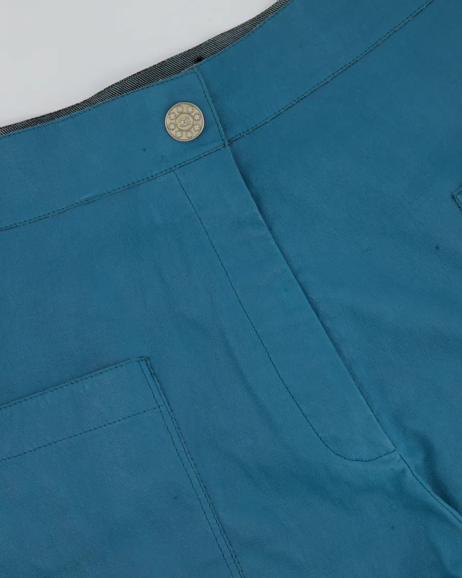 CHANEL TEAL LEATHER HIGH WAIST SHORTS WITH POCKET DETAILING FR 38 (UK 10)