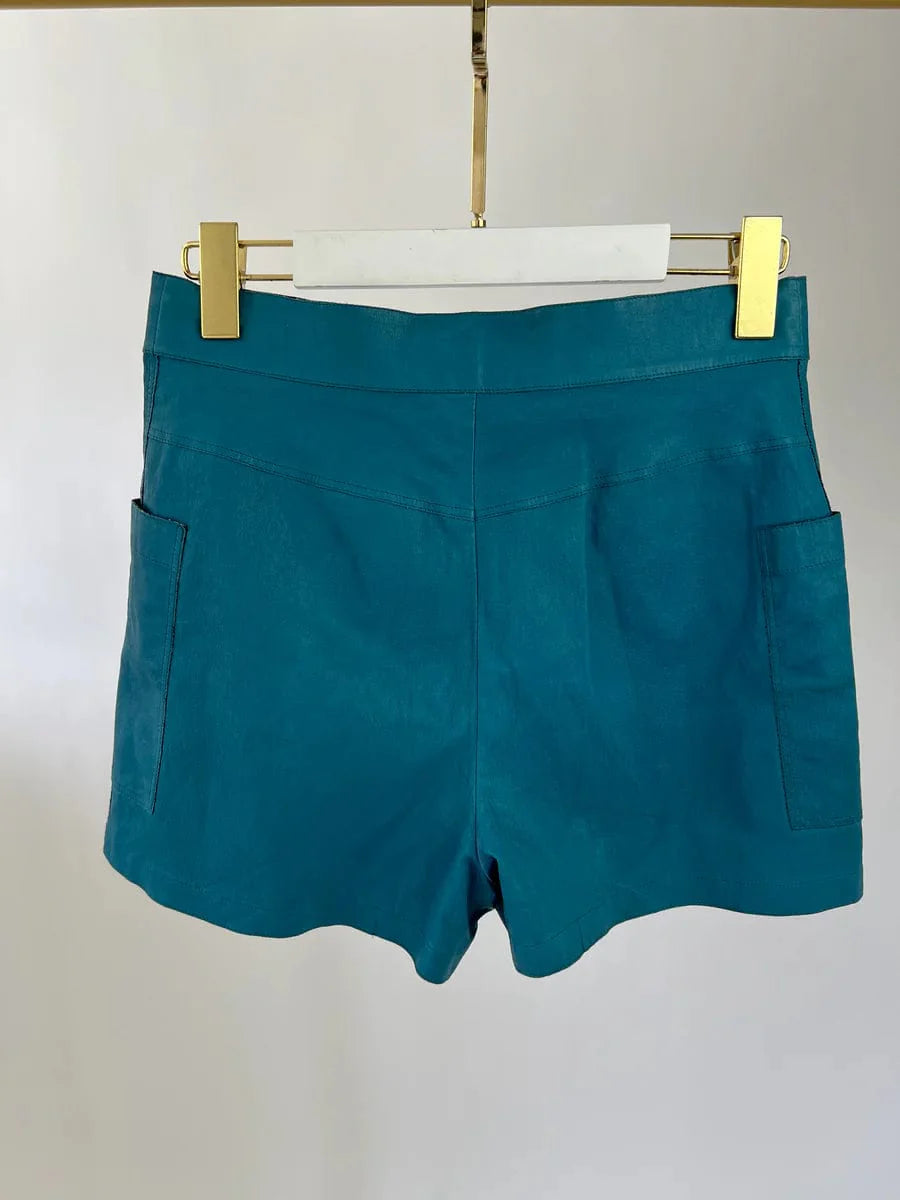 CHANEL TEAL LEATHER HIGH WAIST SHORTS WITH POCKET DETAILING FR 38 (UK 10)