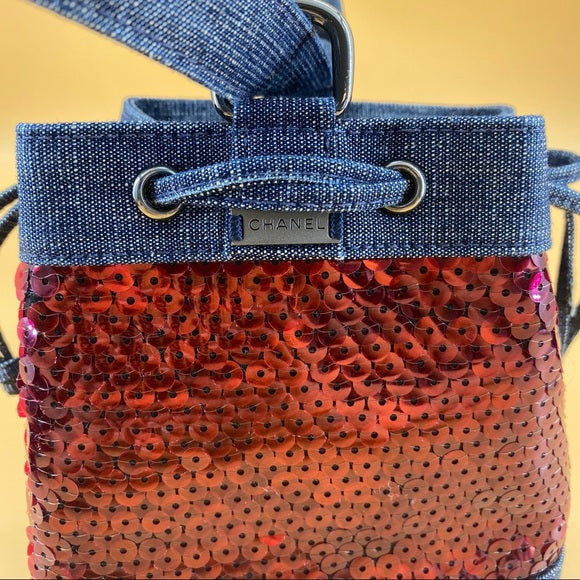 CHANEL Denim Sequin Mini Bucket Bag