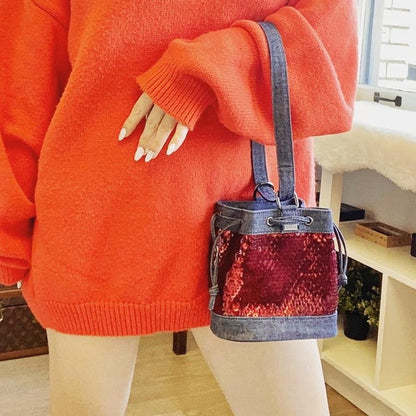 CHANEL Denim Sequin Mini Bucket Bag