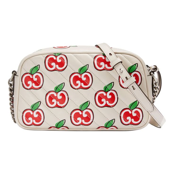 (WMNS) Gucci GG Marmont Silver Logo Apple Pattern Leather Chain Shoulder Messenger Bag Small White / Red Valentine's Day limited 447632-1W9AN-9086