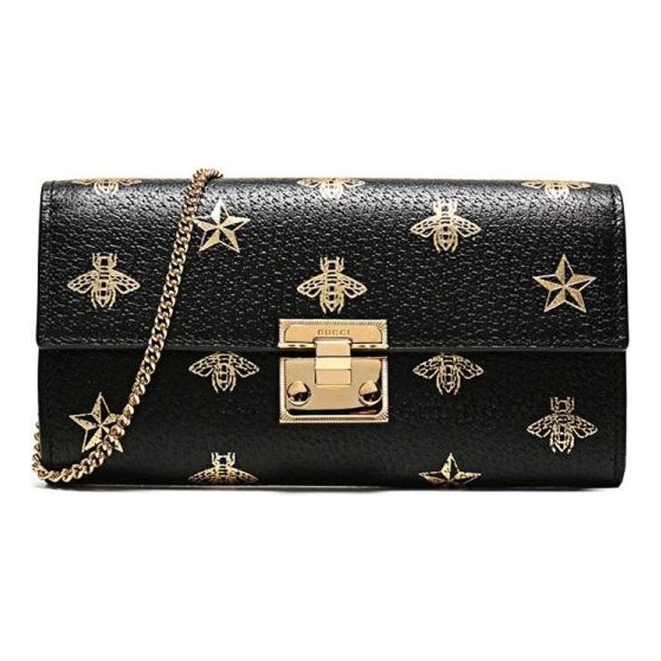 (WMNS) GUCCI Padlock Metallic Bee Star Printing Leather Chain Wallet Shoulder Bag Armpit Black Handbag 453506-DJ2KG-8474