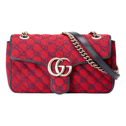 (WMNS) GUCCI GG Marmont Silver Label Logo Pattern Colorblock Leather Canvas Chain Shoulder Messenger Bag Small Red / Navy Blue Valentine's Day Limited 443497-2UZCV-6477