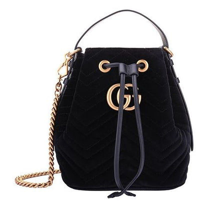 GUCCI GG Marmont Gold Label Logo Velvet Drawstring Bucket Bag Chain Handbag Black 525081-9FRDT-1000