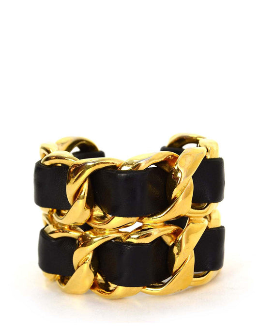 Chanel Vintage Black/Gold Wide Leather Laced Cuff Bracelet