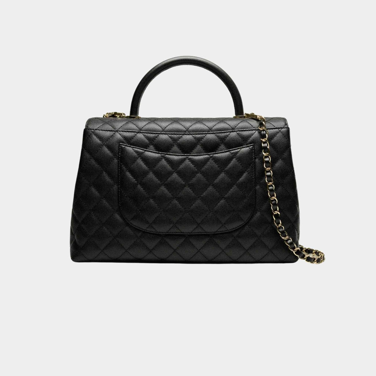 Maxi Flap Bag With Top Handle Grained Calfskin Gold Tone Metal Black