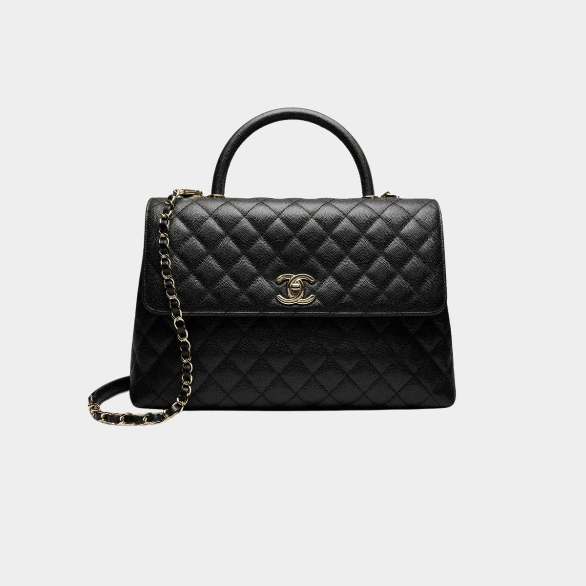 Maxi Flap Bag With Top Handle Grained Calfskin Gold Tone Metal Black
