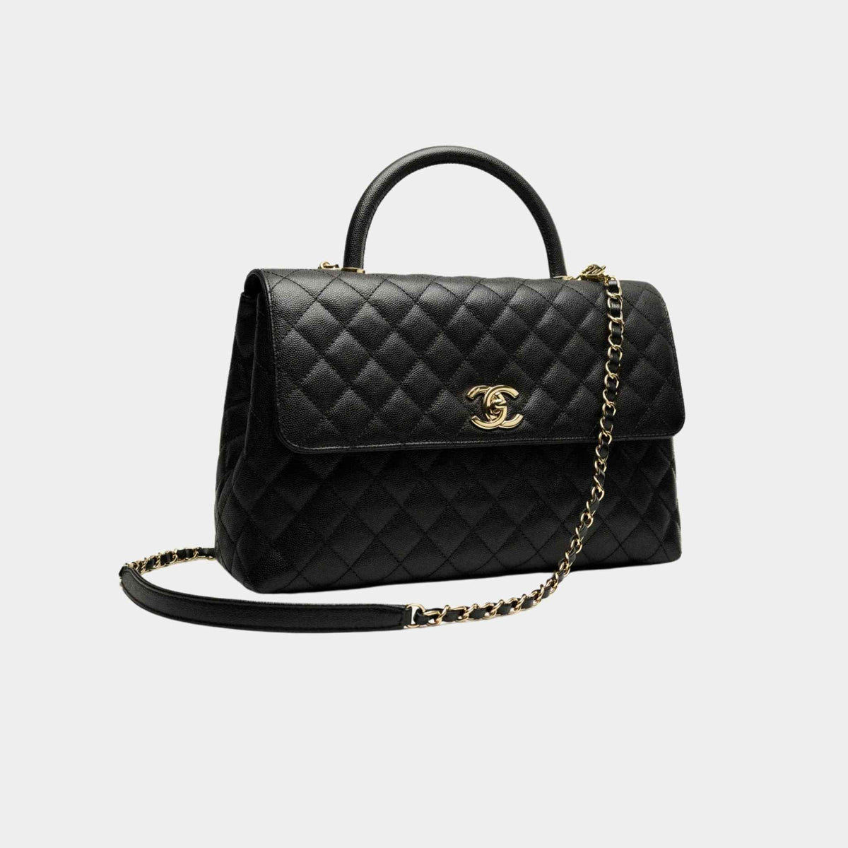 Maxi Flap Bag With Top Handle Grained Calfskin Gold Tone Metal Black