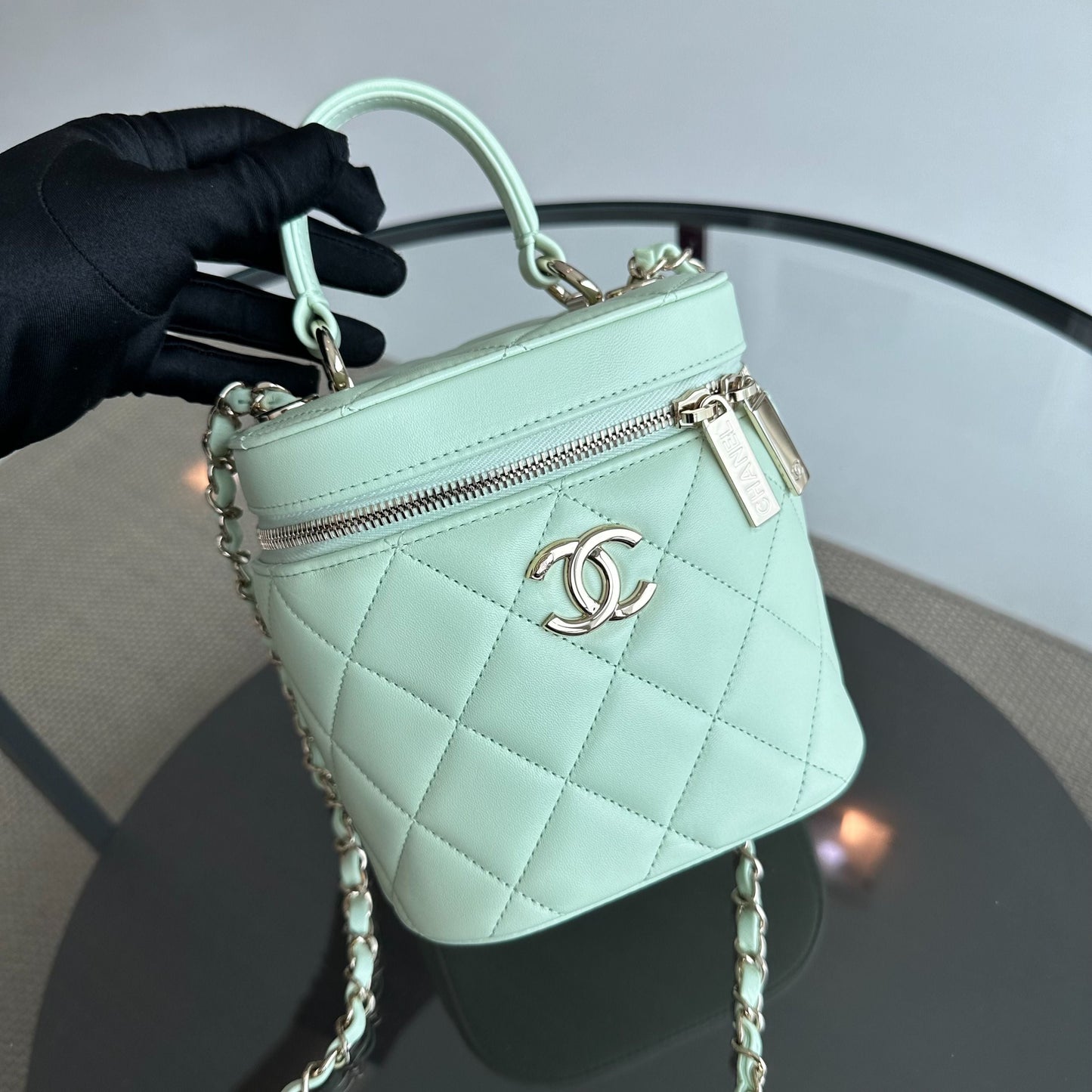 *Microchip, Brand New* Trendy CC Vanity Small Light Green Lambskin
