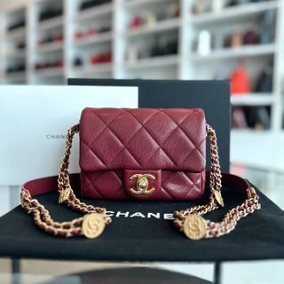 *Microchip* Caviar 2022 Mini Rectangular Quilted Twist Your Buttons Flap Burgundy GHW