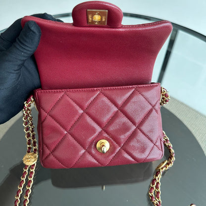 *Microchip* Caviar 2022 Mini Rectangular Quilted Twist Your Buttons Flap Burgundy GHW